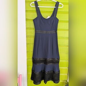 Midnight Blue Sleeveless Midi Dress with Leather Mesh Trim Jonathan Simkhai NWT